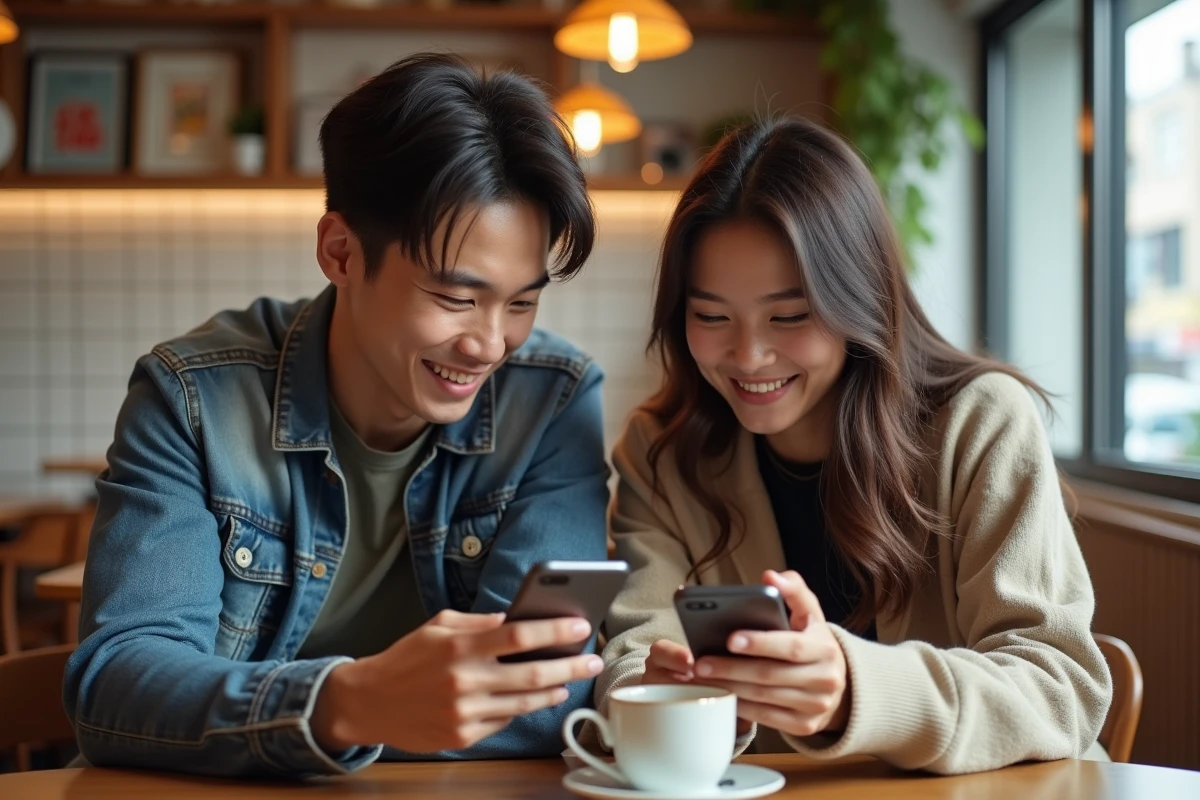 Deux jeunes adultes comparant des sites de scan manga sur leurs smartphones dans un café urbain moderne