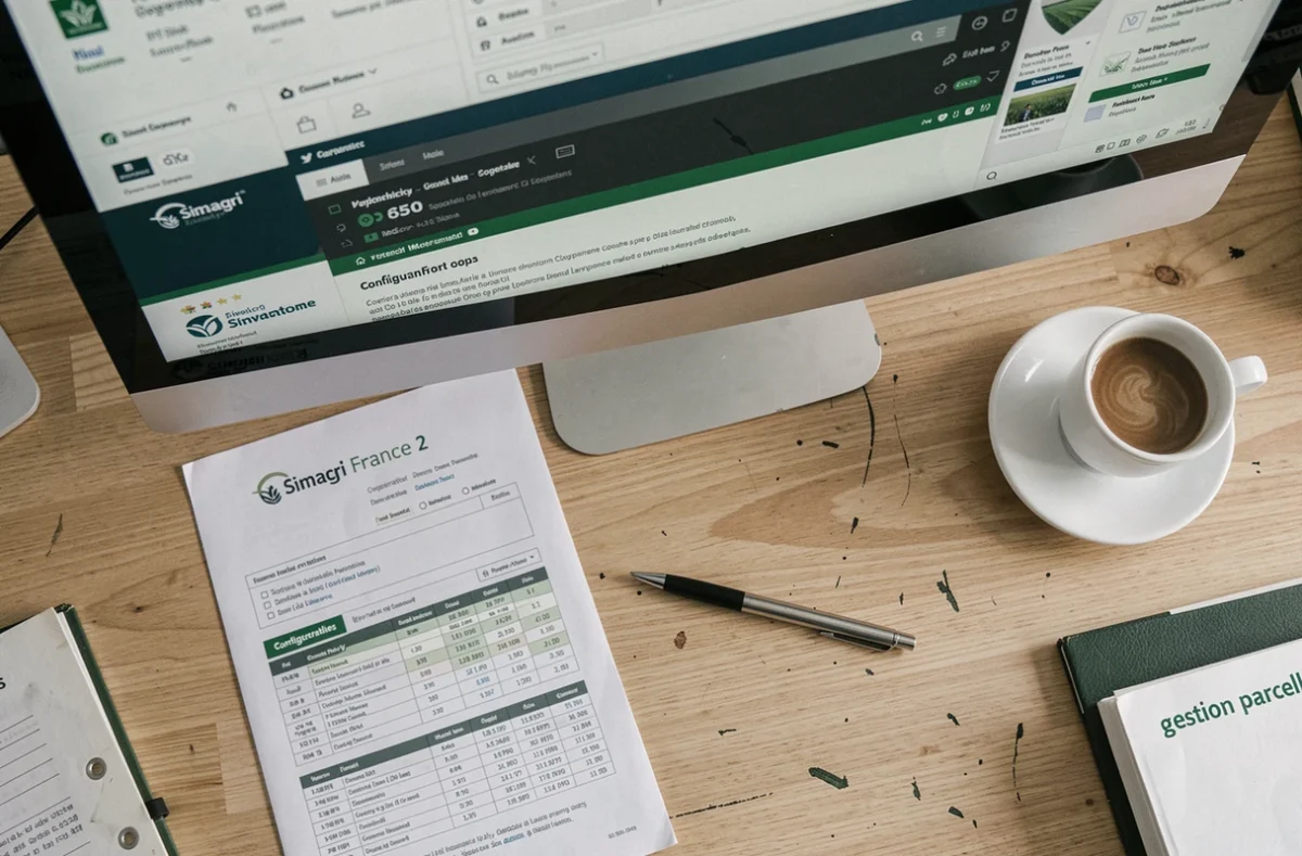 Bureau de coopérative agricole avec interface Simagri France 2 ouverte sur navigateur et guide de configuration