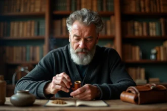 Homme mature préparant sa pipe avec du tabac aromatique dans un bureau en bois rustique, entouré de pots à tabac en céramique