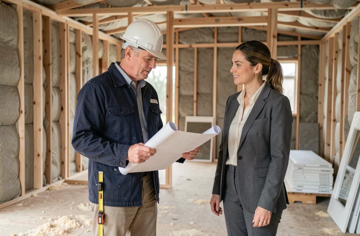 Constructeur de mobil-home et client examinant des plans architecturaux à l'intérieur d'une structure en cours de construction