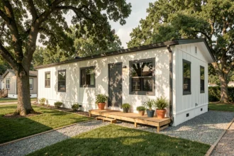 Mobil-home moderne avec terrasse en bois et aménagement paysager soigné dans un parc résidentiel