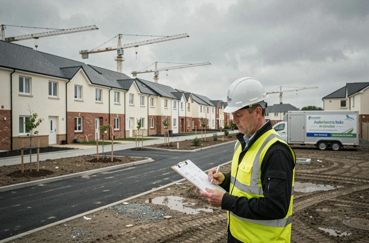 Chantier de construction de nouveaux logements en périphérie de Dublin, symbole du boom démographique et de l'expansion urbaine irlandaise