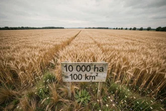 Vaste paysage agricole illustrant la conversion de 10 000 hectares en kilomètres carrés avec un panneau indicatif en bois