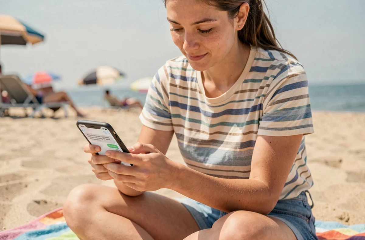 Jeune femme en vacances à la plage corrigeant un message 'Bon vacances' sur son smartphone, illustrant l'importance de l'orthographe numérique