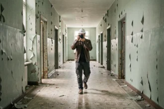 Photographe explorant un couloir délabré d'hôpital psychiatrique abandonné avec peinture écaillée et portes rouillées