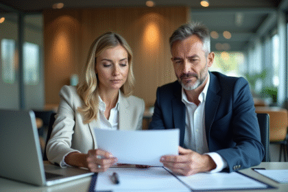 Couple d'affaires examinant des documents immobiliers dans un bureau moderne