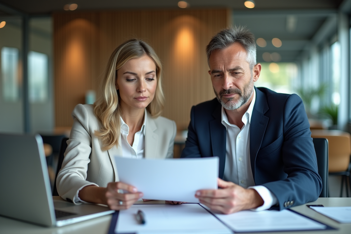 Couple d'affaires examinant des documents immobiliers dans un bureau moderne