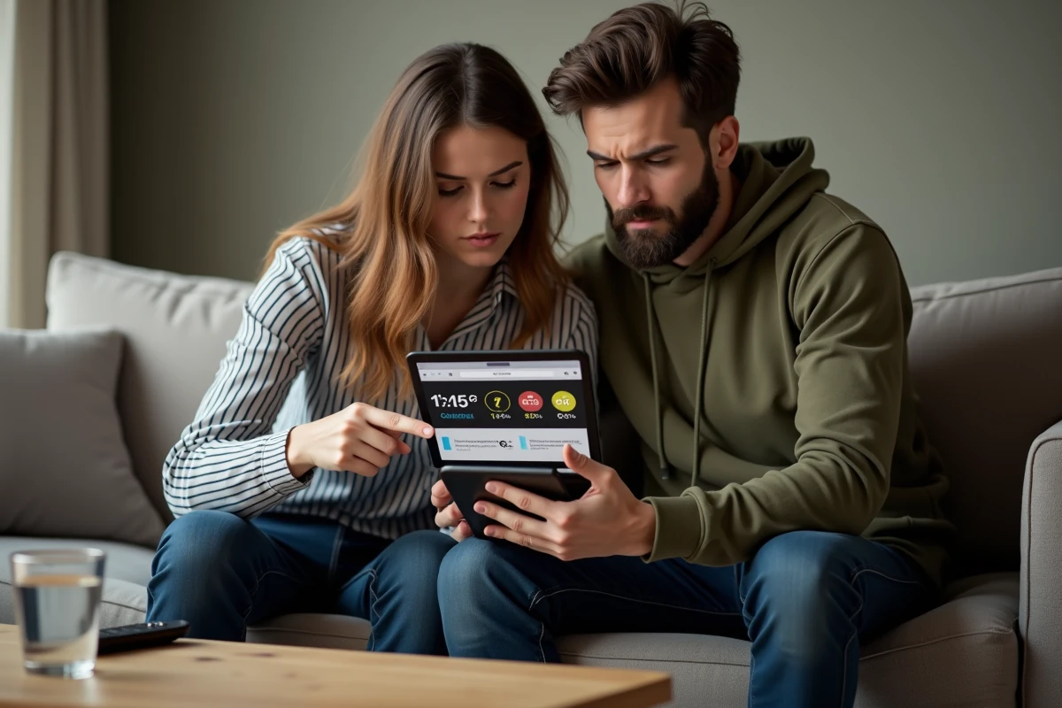 Couple analysant ensemble les fausses promotions du Cyber Monday sur une tablette depuis leur salon