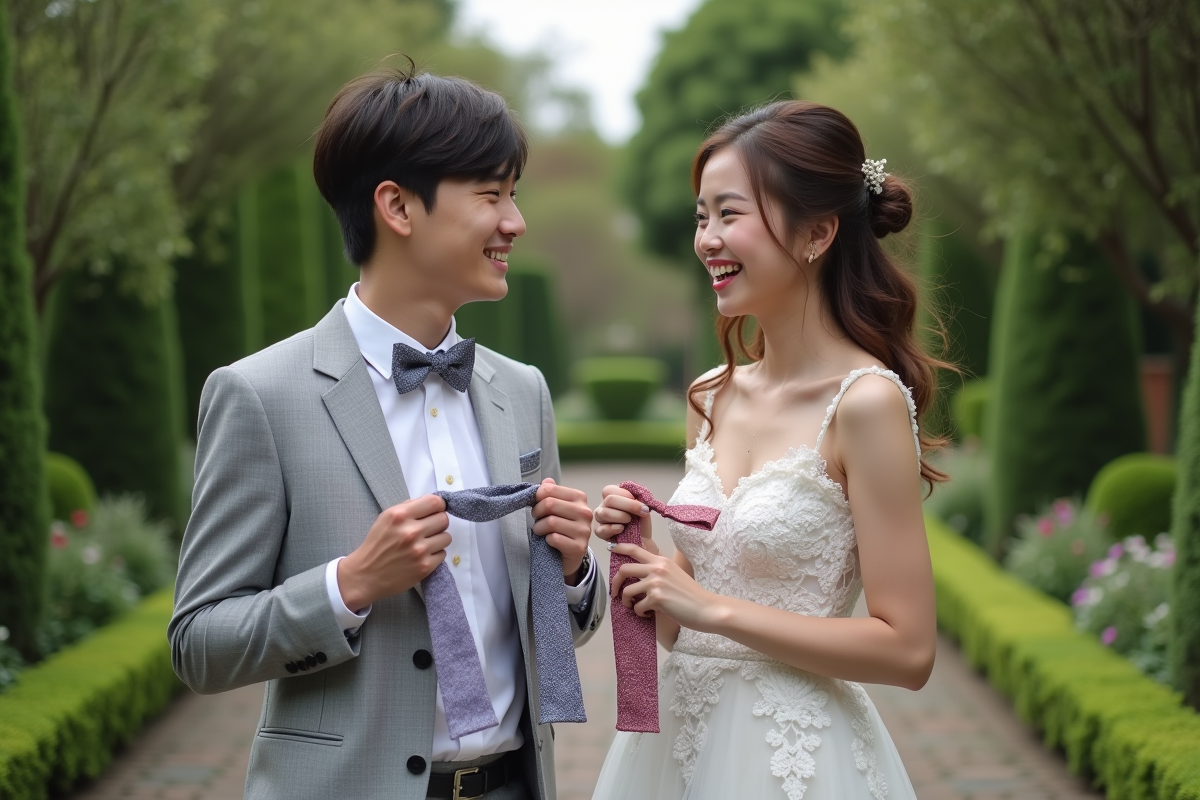 Jeune couple choisissant des nœuds papillon dans un jardin