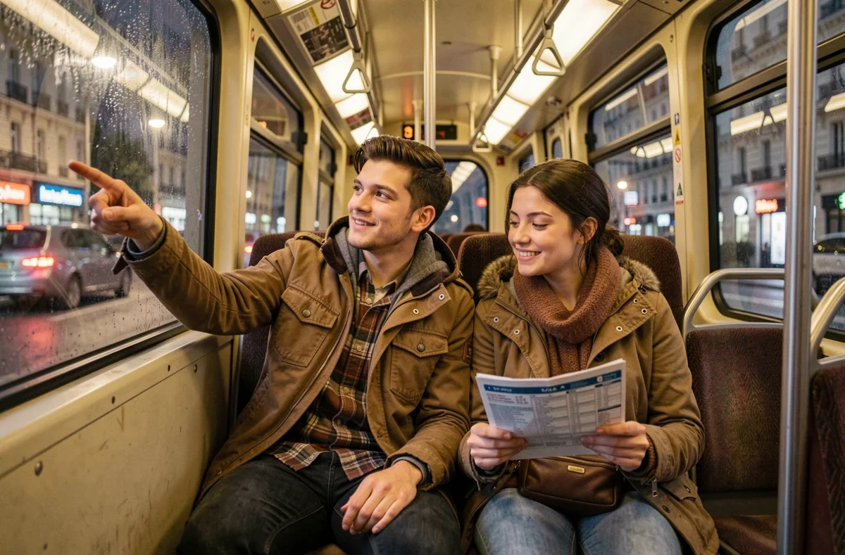 Couple consultant les horaires de métro dans un bus de nuit parisien après le dernier passage de la ligne 9