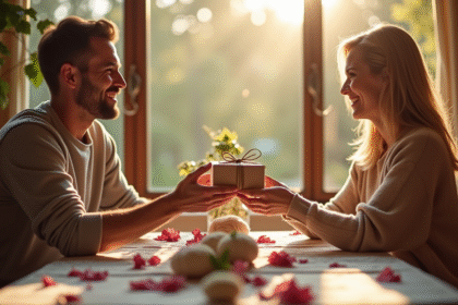 Couple souriant échangeant des cadeaux en laine lors d'un anniversaire