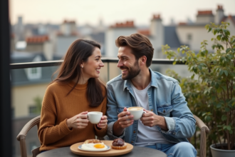 Jeune couple français sur un balcon citadin partageant un petit déjeuner