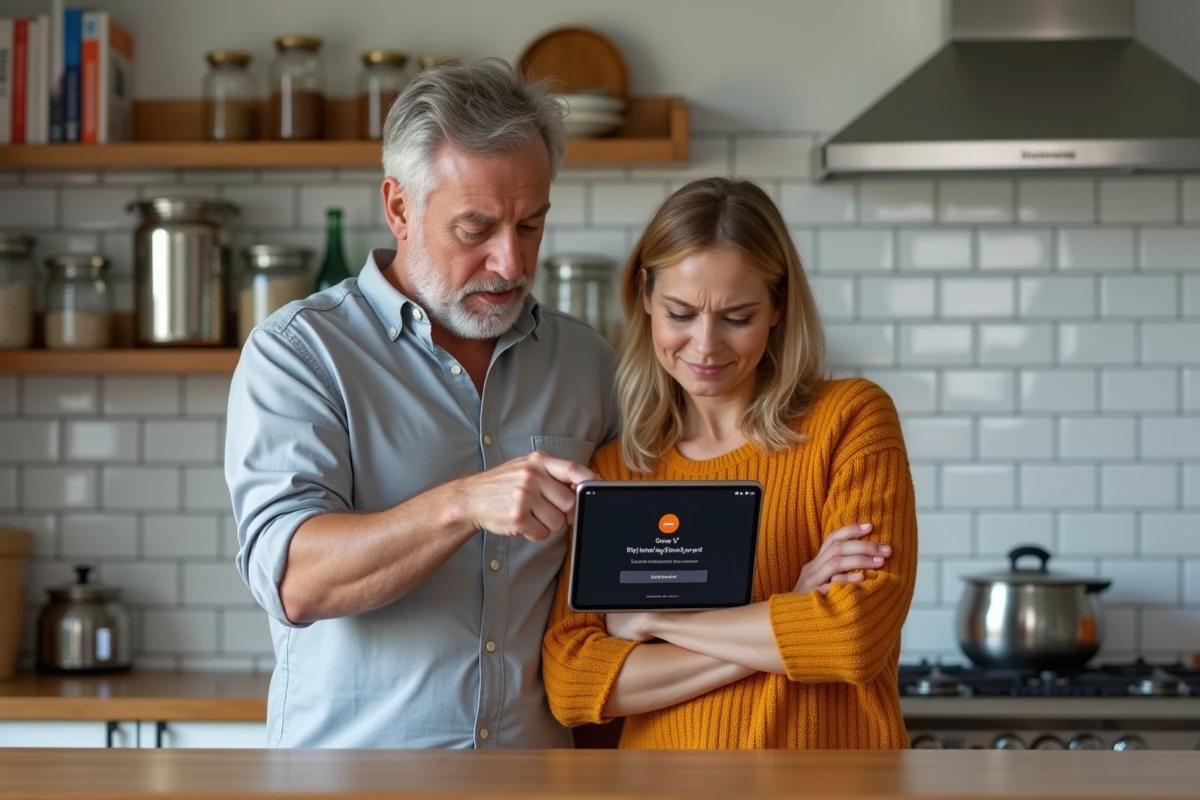 Couple découvrant une erreur d'enregistrement sur l'application Orange TV dans une cuisine moderne