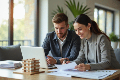 Jeune couple professionnel examinant des documents d'investissement dans un salon lumineux