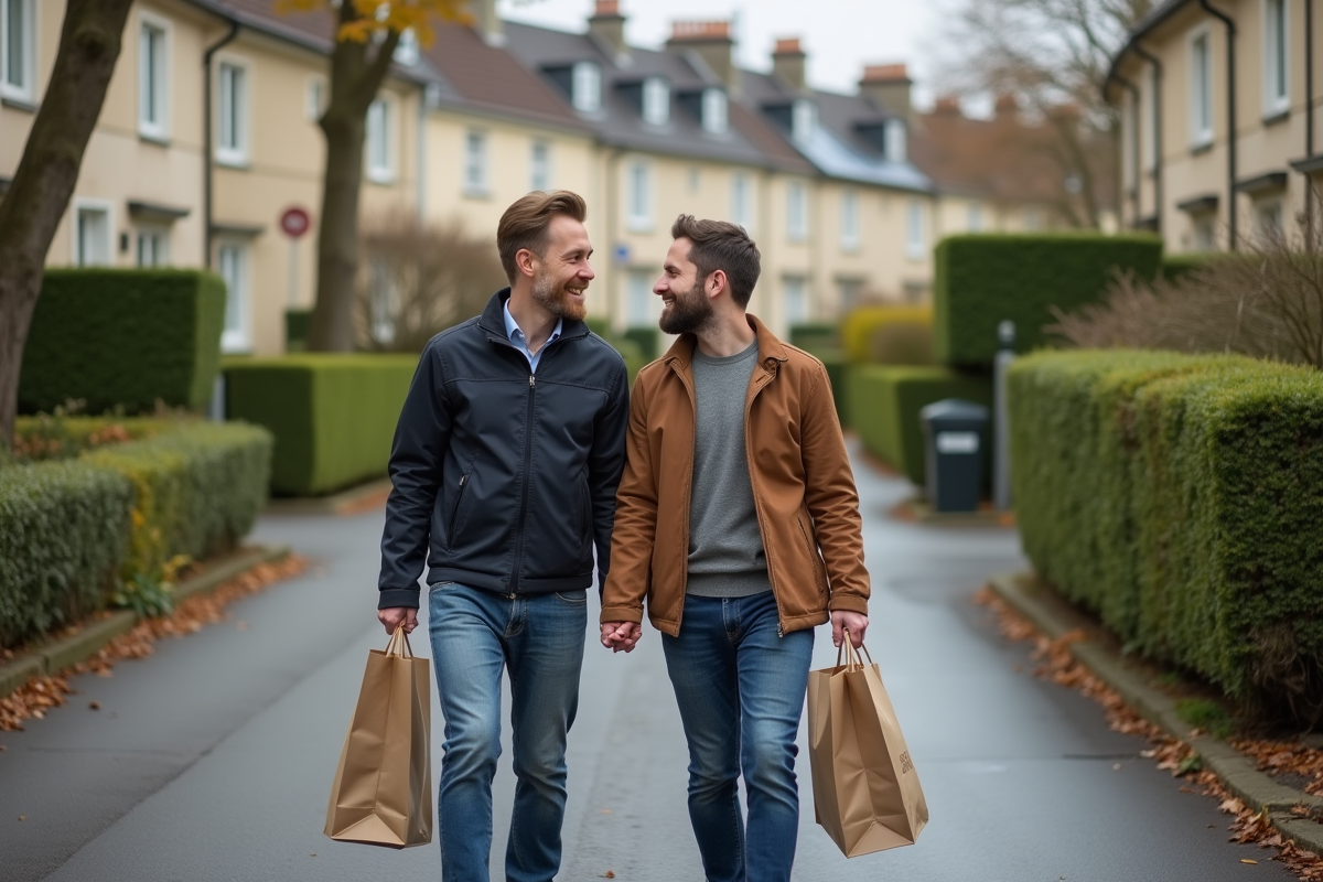 Couple français en promenade dans un quartier résidentiel calme