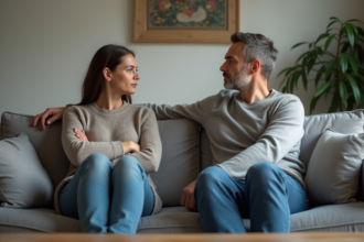 Couple assis séparément dans un salon moderne en tension