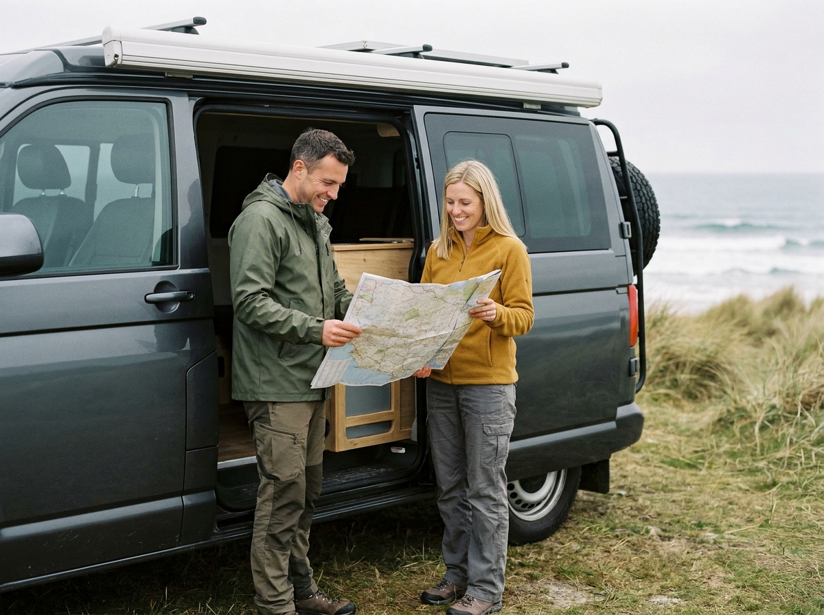 Couple de voyageurs consultant une carte routière devant leur van aménagé neuf sur un site côtier atlantique