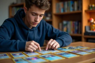 Joueur de Pokémon Pocket organisant un deck compétitif sur un bureau en bois pour monter rapidement en rang Master Ball