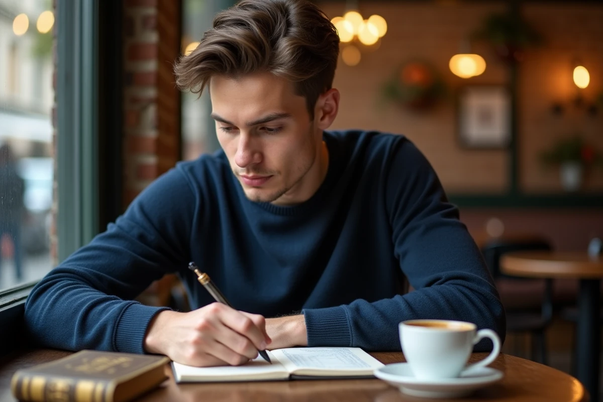 Jeune homme écrivant une déclaration d'amitié dans un café parisien avec un stylo plume et un carnet, ambiance rétro et intimiste