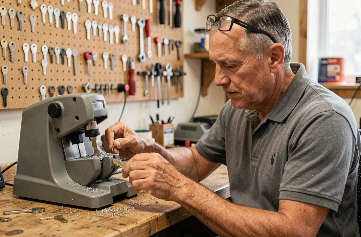 Denis Maillard serrurier réalisant la duplication d'une clé de sécurité sur une machine de précision dans son atelier