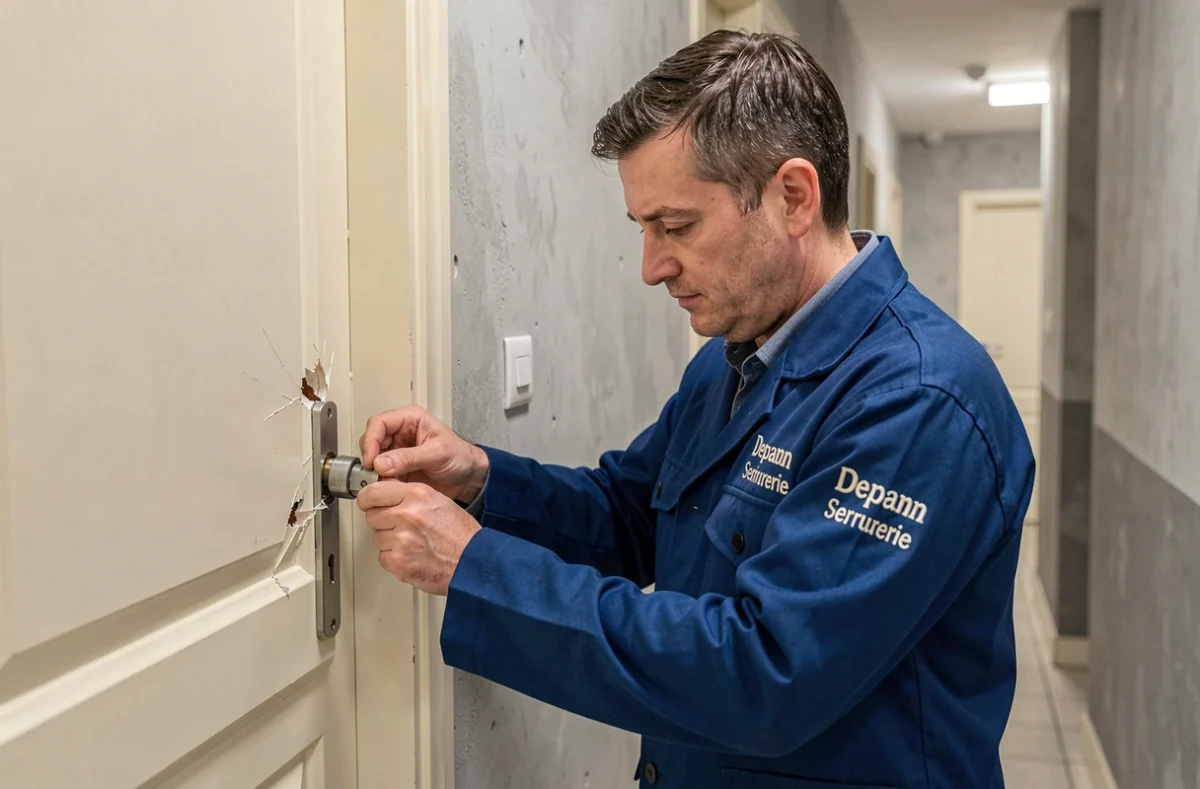 Technicien de Depann' Serrurerie inspectant un cylindre de serrure endommagé dans un couloir d'immeuble