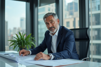 Agent immobilier en costume bleu examine des plans architecturaux