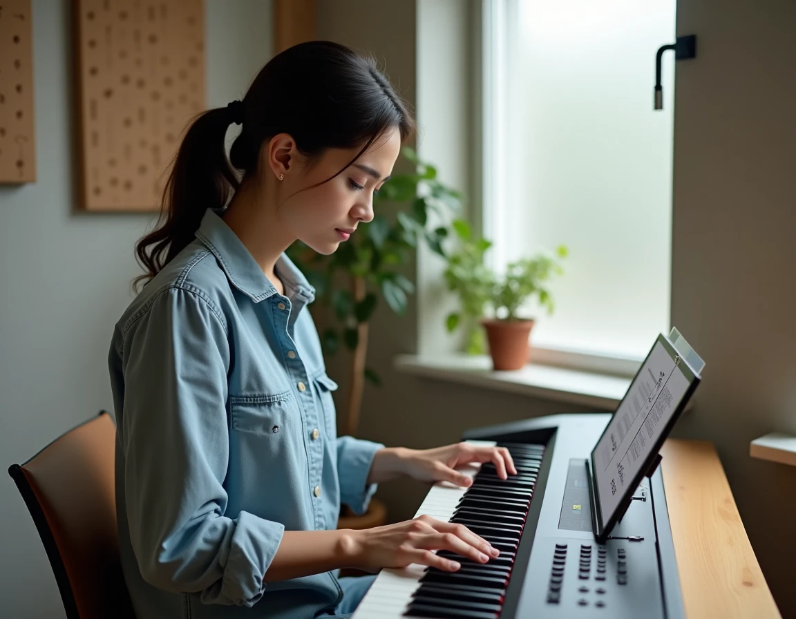 Jeune femme apprenant les doigtés de Let It Be sur un clavier numérique avec partition affichée sur tablette