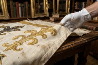 Gros plan sur un drapeau royal français à fleurs de lys ancien posé sur une table en bois, examiné par un conservateur ganté dans une boutique d'antiquités
