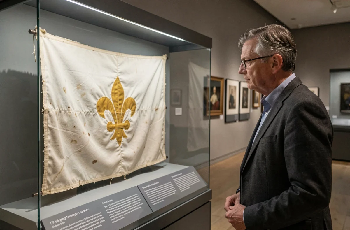 Historien examinant un authentique drapeau royal de France exposé dans une vitrine de musée, avec fleurs de lys dorées sur fond blanc