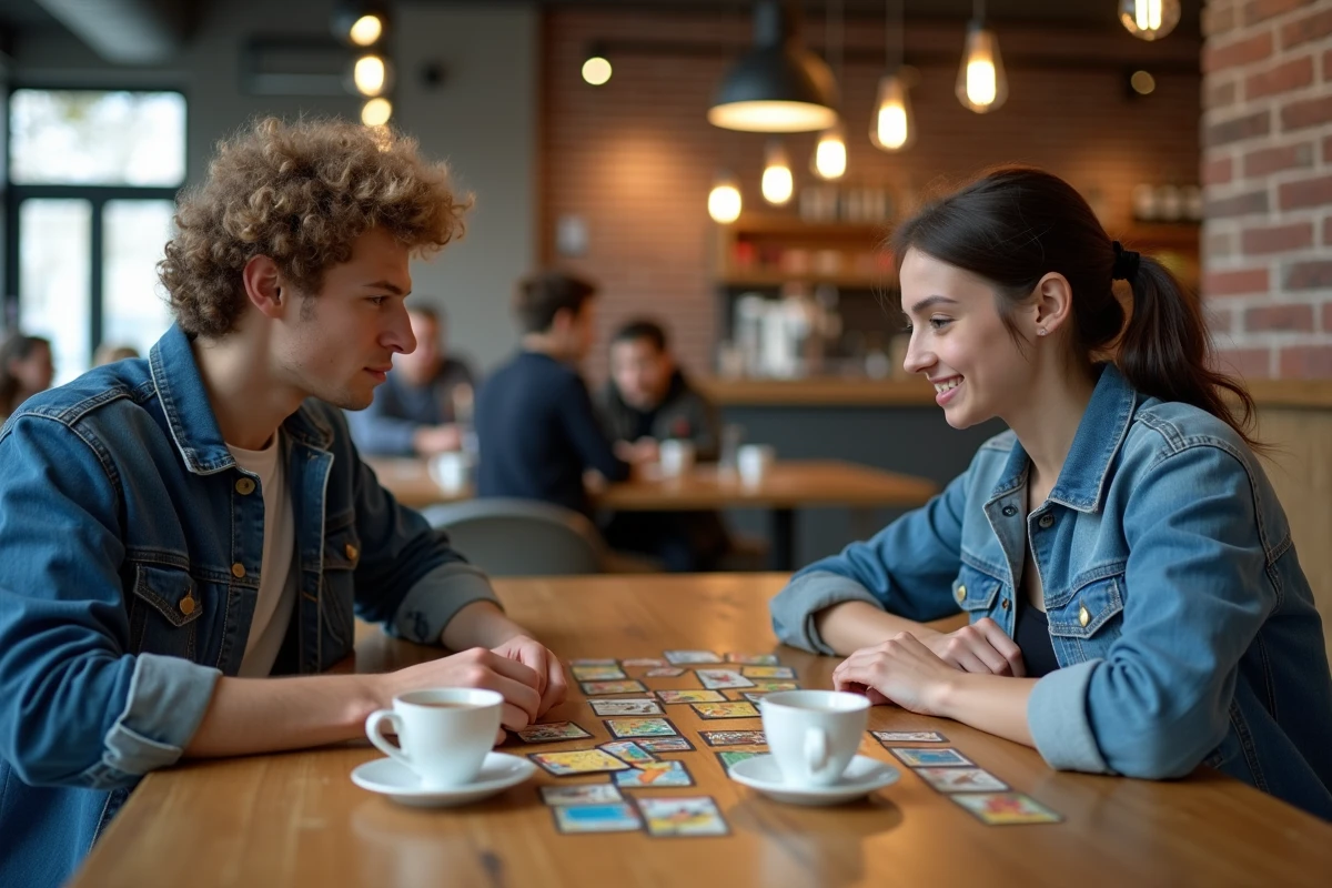 Deux joueurs s'affrontent dans un duel de cartes Pokémon Pocket dans un café pour progresser vers le rang Master Ball