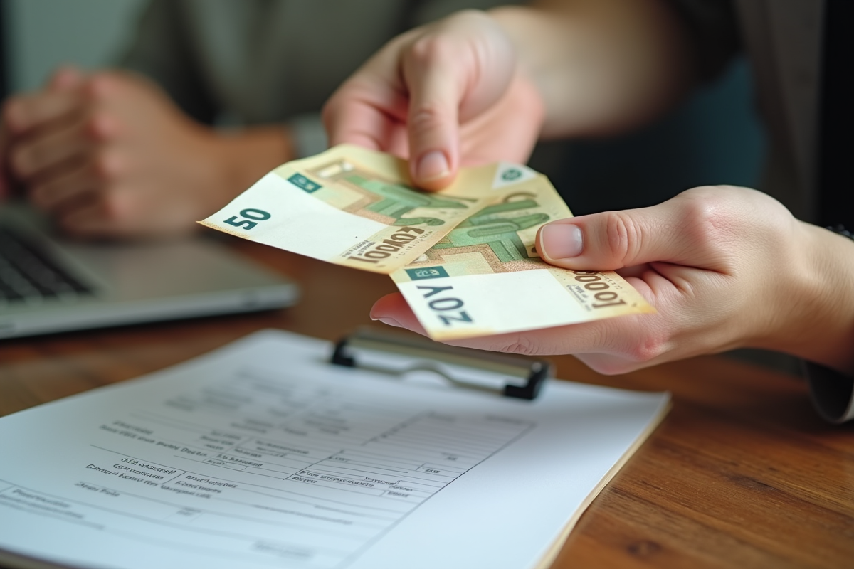 Echange de billets euros sur une table en bois
