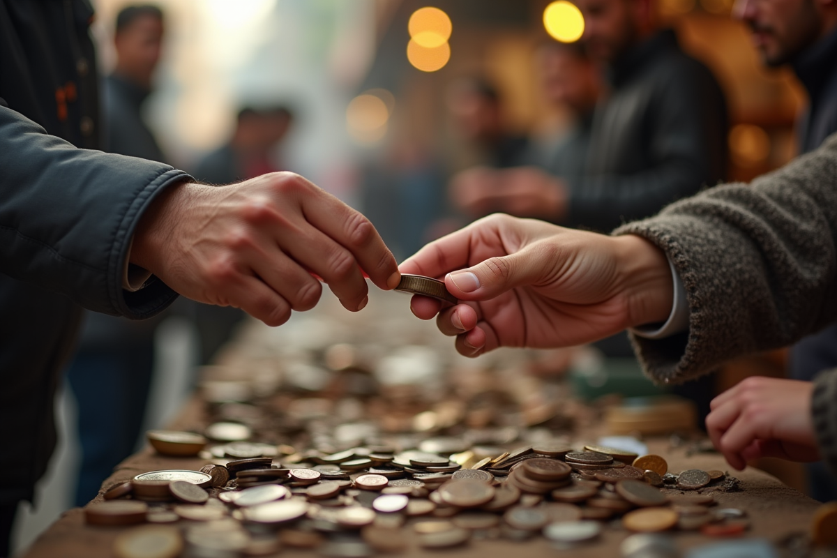 Echange de pièces et objets anciens au marché