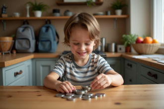 Jeune garçon comptant des pièces dans la cuisine familiale