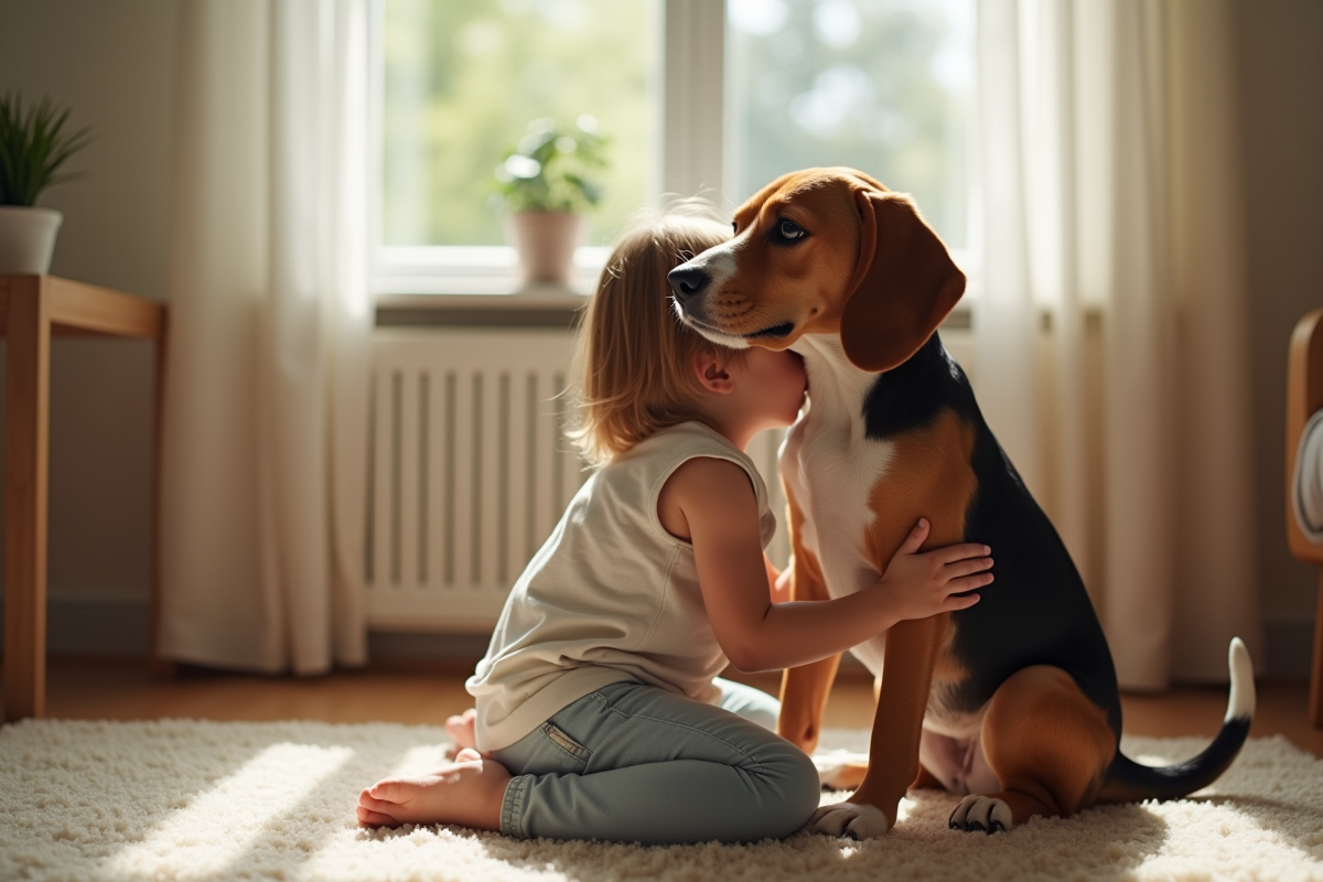 Enfant embrassant doucement un beagle dans un intérieur cosy