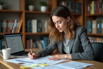 Femme en train d'enquêter avec des documents imprimés et un ordinateur portable dans un bureau à domicile