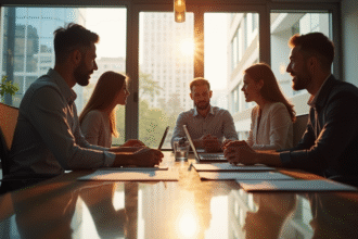 Groupe de professionnels collaborant dans un bureau lumineux