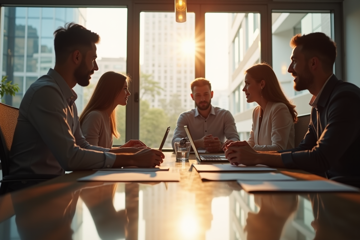 Groupe de professionnels collaborant dans un bureau lumineux