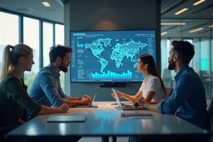 Groupe de professionnels analysant des données stratégiques digitales dans un bureau lumineux