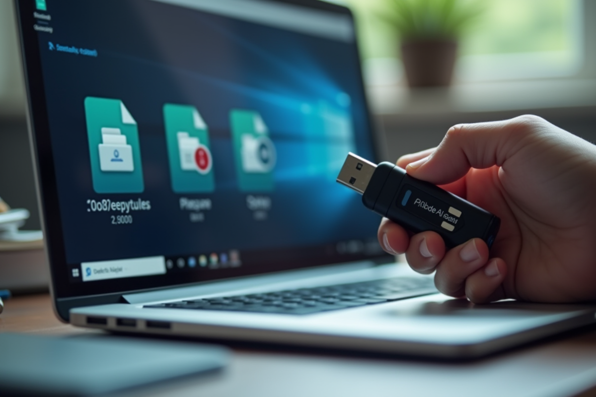 Espace de travail avec clé USB et ordinateur portable lumineux