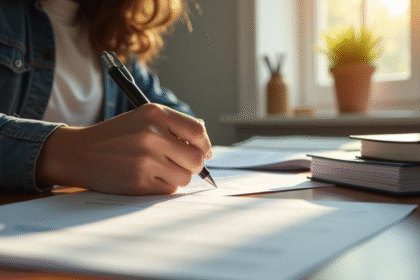 Étudiant organisant des documents sur un bureau lumineux