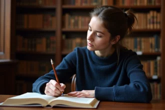 Étudiante annotant un livre classique dans une bibliothèque universitaire pour analyser une allégorie littéraire