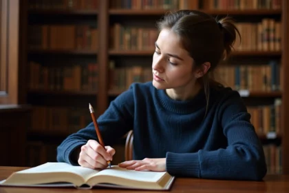 Étudiante annotant un livre classique dans une bibliothèque universitaire pour analyser une allégorie littéraire
