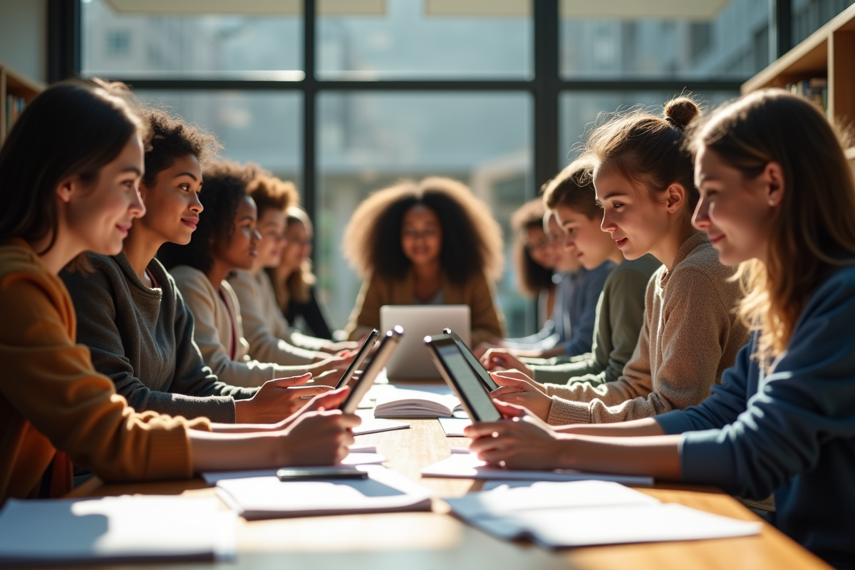 Groupe d etudiants collaborant dans une bibliotheque lumineuse