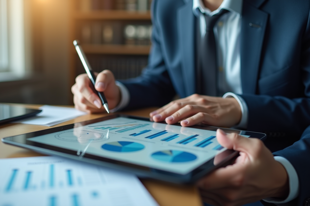 Cadre confiant analysant des graphiques sur une tablette