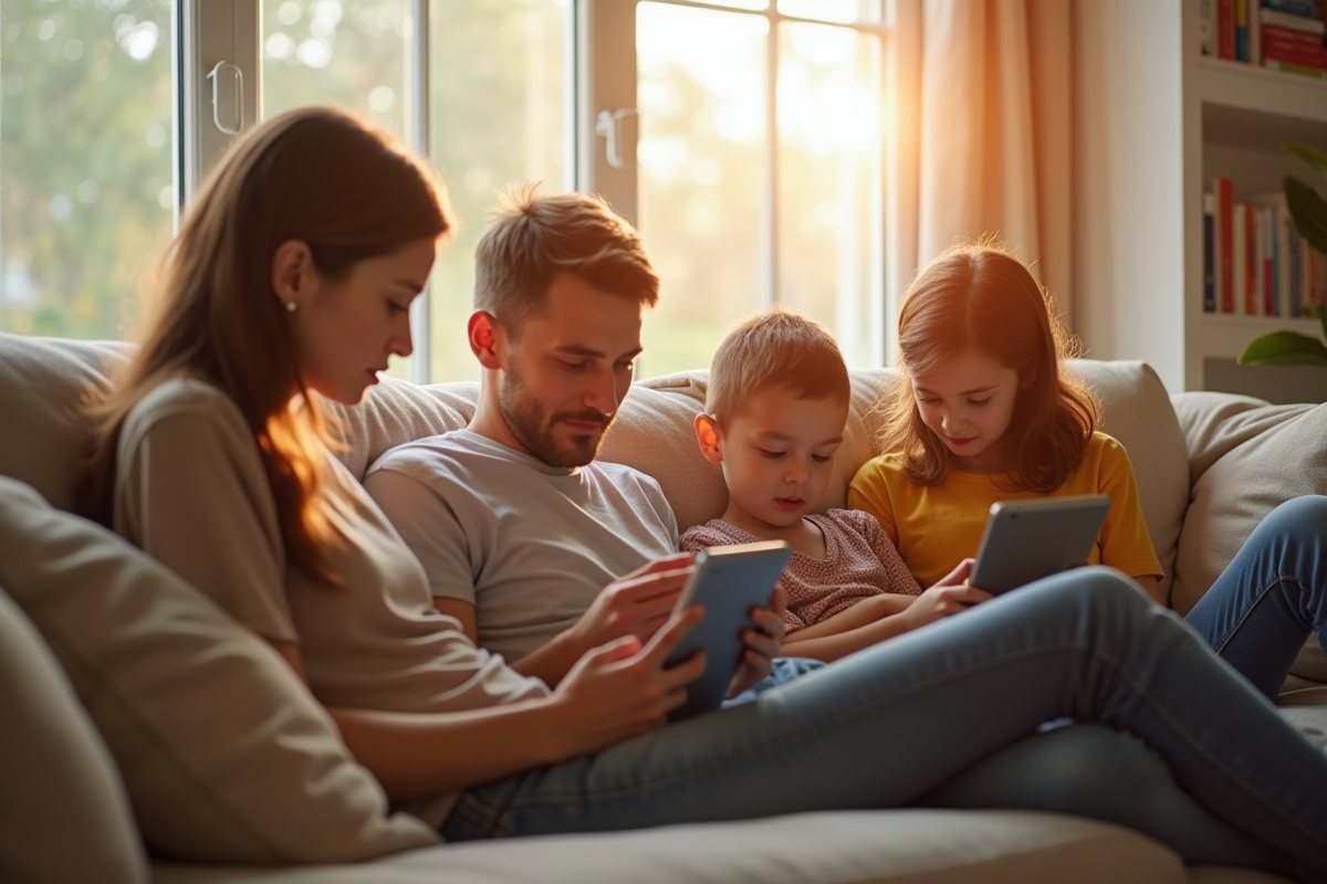 Famille moderne absorbée par leurs écrans dans un salon lumineux