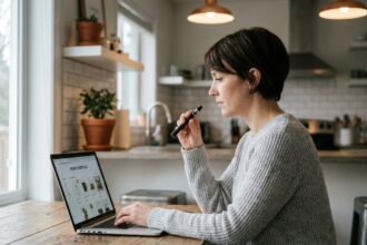 Femme parcourant un site de vente de cigarettes électroniques d'occasion sur un ordinateur portable dans une cuisine moderne