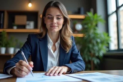 Jeune femme d'affaires examine des documents ESG dans un bureau moderne