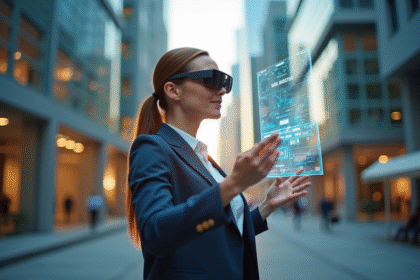 Femme d'affaires avec lunettes connectees dans la ville futuriste