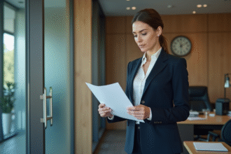 Femme d'affaires en tailleur vérifiant des documents financiers