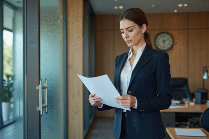 Femme d'affaires en tailleur vérifiant des documents financiers